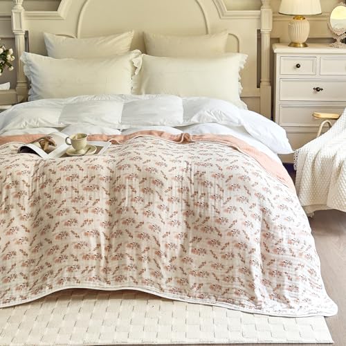 Cotton Muslin Blanket for Adults King 6-Layer Floral Gauze Bed Cover - 90 x 104 inches