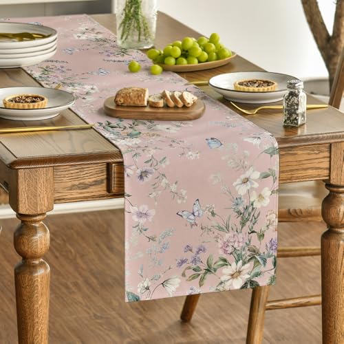 Pink Wildflower Leaf Spring Table Runner 13x72 Inch Home Decor