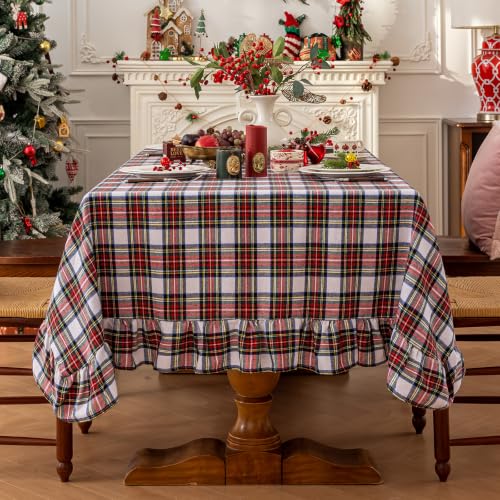 Joyfol Day Christmas Plaid Ruffled Square Tablecloth 60x60 Inch - Red White