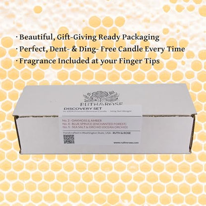 Ruth & Rose Discovery Set Beeswax Candles with 3 Scents, 85+ Hours Burn Time