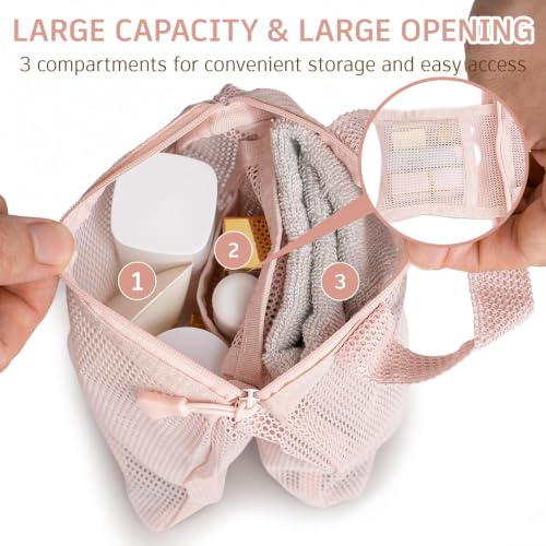 Pink Mesh Shower Bag with Zipper and 3 Pockets - Small Portable Shower Caddy