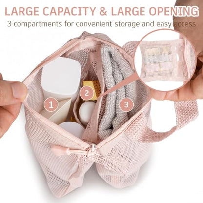 Pink Mesh Shower Bag with Zipper and 3 Pockets - Small Portable Shower Caddy