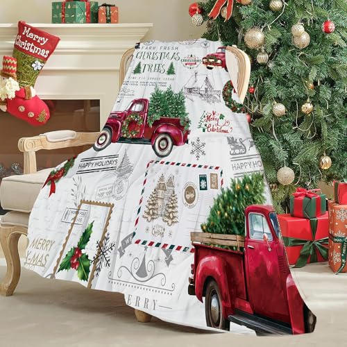 Christmas Throw Blanket - Red Truck Tree Farmhouse Holiday Plush 50x60 Inches - Cozy Fluffy Bed & Sofa Blanket - Variation: 50" x 60"