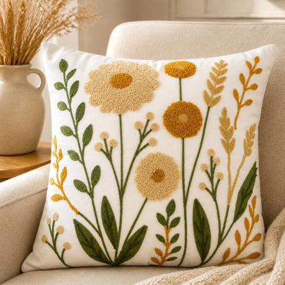 Golden Meadow Embroidered Floral Throw Pillow Cover 18x18 Inch - Pack of 1