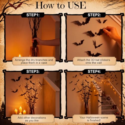 Halloween Dried Curly Willow Branches with 3D Bat Stickers & Vase Filler Set