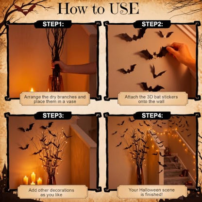 Halloween Dried Curly Willow Branches with 3D Bat Stickers & Vase Filler Set