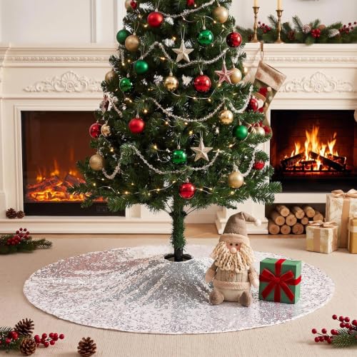 Silver Sequin Christmas Tree Skirt 36 Inch Holiday Base Mat for Xmas Decor