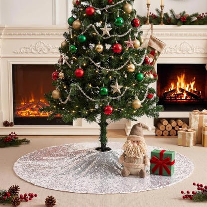 Silver Sequin Christmas Tree Skirt 36 Inch Holiday Base Mat for Xmas Decor