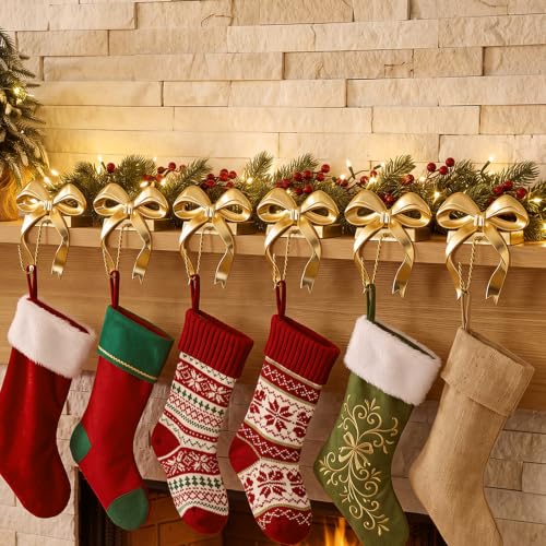 MorningRo 6 Pcs Gold Bow Christmas Stocking Holder Hooks for Mantel - Classic
