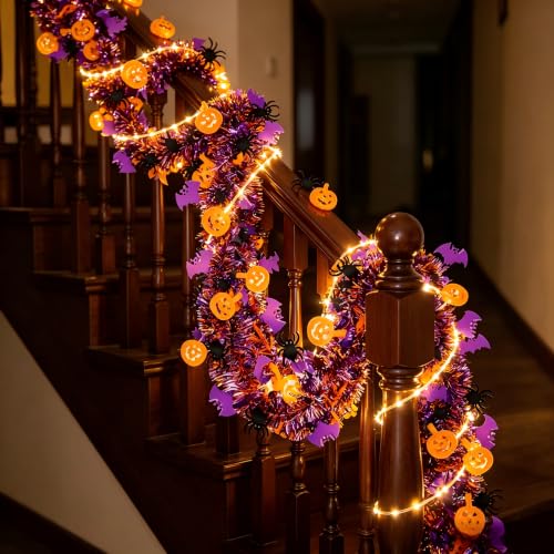 Halloween Tinsel Garland 6.5Ft 2-Pack Orange Purple Pumpkin Spider Bat Decor