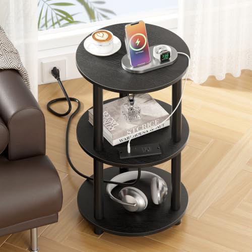 Atoping Black Round Side Table with Charging Station, Easy Assembly
