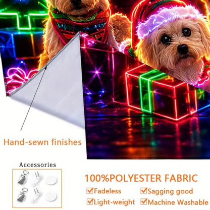 Neon UV Reactive Christmas Puppy Tapestry Wall Hanging - Holiday Decor for Bedroom & Pet Shop