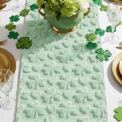 Sage Green Faux Fur Heart Clover Table Runner 13x90 Inch Seasonal Home Decor