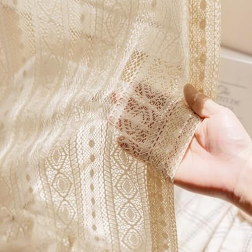 Boho Beige Lace Oven Curtain with Tassels, 28x22 Inch Kitchen Skirt - Ruffled Diamond Design, Tab Top