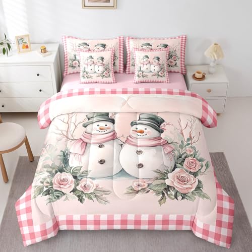 Pink Snowman Bedding Set Twin Size with Comforter and Sheets - Christmas Kids Room Decor