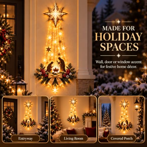 Lighted Nativity Wall Decor - Bethlehem Star of Faith with Manger Scene, 1 Piece - Glowing Christmas Religious Ornament