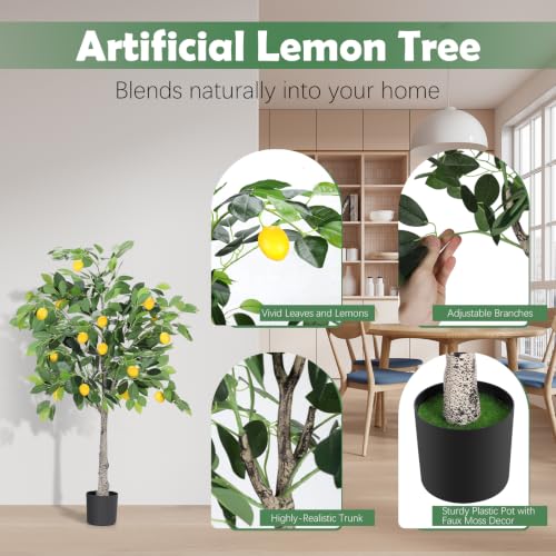 Artificial Lemon Tree with Pot - 4ft Indoor Outdoor Decor, Realistic Design