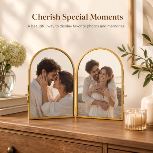 Double Glass Pressed Flower Frame - Gold 5x7 Inch Floating Picture Frame - Arched Design