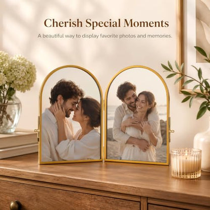 Double Glass Pressed Flower Frame - Gold 5x7 Inch Floating Picture Frame - Arched Design