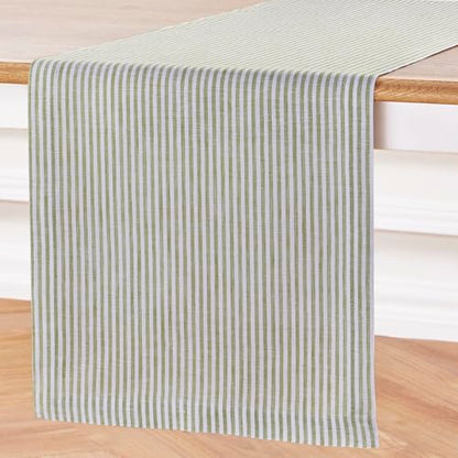 Linen Table Runner 14x108 Inches Avocado & White Striped - Handcrafted European Flax