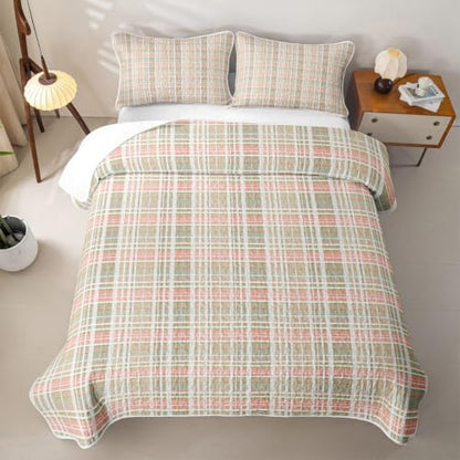 Grey Green Pink Plaid Quilt Set Full Bedding - Geometric Checkered Kids Bedspread