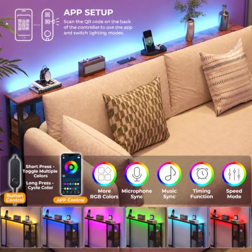 78.7-Inch Long Behind Couch Table with RGB Lights, Outlets & Bookcase - Narrow Space