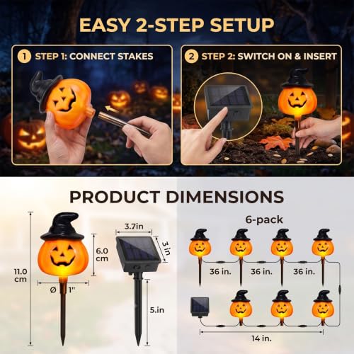 Outdoor Halloween Pumpkin Stake Lights - Solar Jack O Lantern Decor, Waterproof, 6-Pack