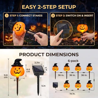 Outdoor Halloween Pumpkin Stake Lights - Solar Jack O Lantern Decor, Waterproof, 6-Pack