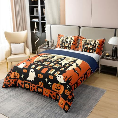 Halloween Haunted House Duvet Cover Set - King Size Cotton Bedding with Ghost Design, Orange Black Variation
