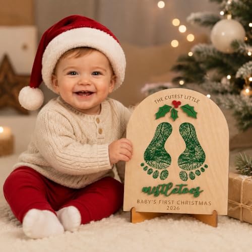 Baby Footprint Keepsake Wooden Sign - Personalized Christmas Mistletoes Footprint Decoration Xmas Footprint