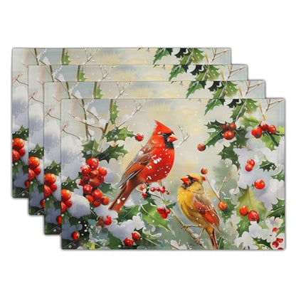 Winter Birds Berry Christmas Placemats Set of 4, 12x18 Inch Linen Holiday Decor