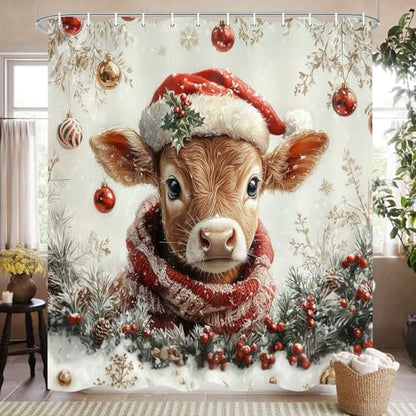Beige Christmas Shower Curtain with Highland Cow Winter Holiday Decor 72x72 Inch