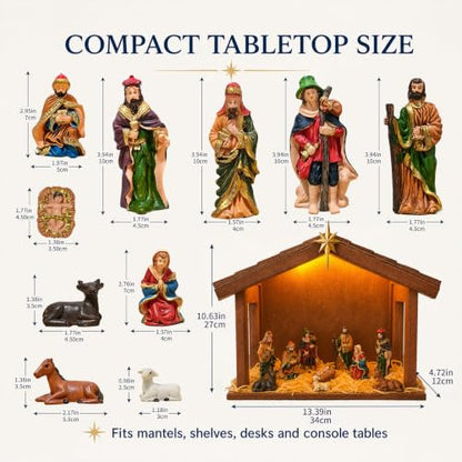 Lighted Wooden Nativity Set with Resin Figures - 11 Piece Christmas Decoration