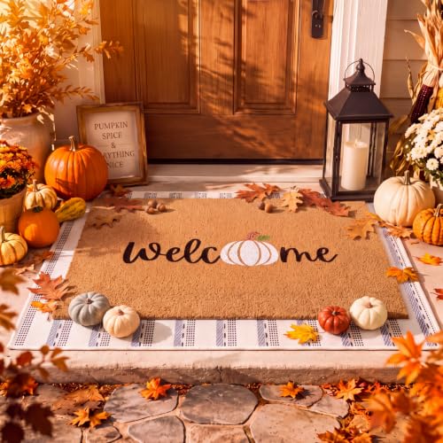Fall Welcome Doormat Set with Pumpkin & Striped Runner, Outdoor Indoor Decor