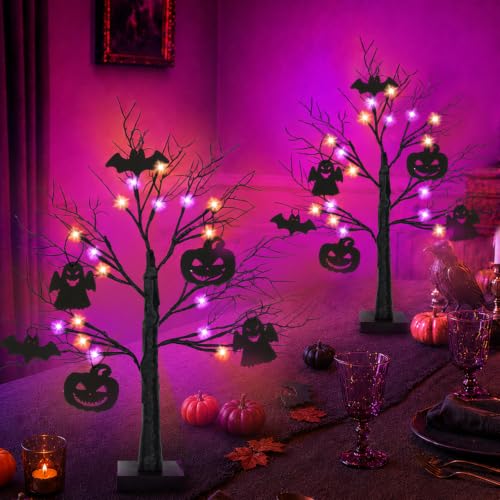 Black Halloween Tree Set with LED Lights - 2 Pack 24 Inch Spooky Decor