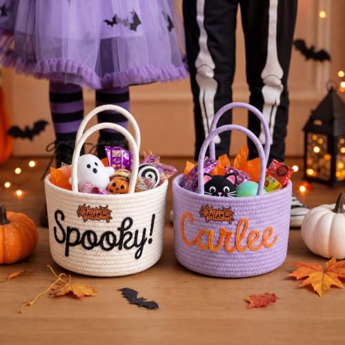 Personalized Halloween Trick or Treat Basket Ropestyle with Custom Name Cotton Rope Candy Bag - Kids Baby Nursery Gift
