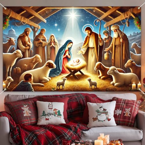 Christmas Nativity Scene Banner Holy Family Jesus Manger Wall Decor 71 x 43 Inches