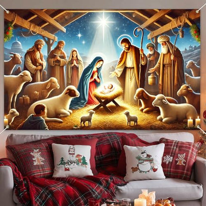 Christmas Nativity Scene Banner Holy Family Jesus Manger Wall Decor 71 x 43 Inches
