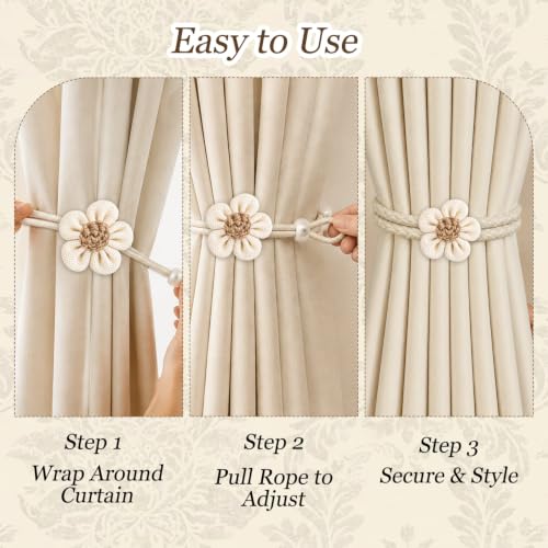 Cream Flower Curtain Tiebacks 2 Pack with Adjustable Rope & Wooden Bead - No Drill Decor