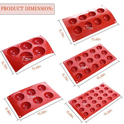 5Pack Sphere Silicone Molds,Ausplua Silicon Dome mold semi sphere Baking Mould for Making Candy, Chocolate,Cake,Jelly,Variety Sizes（Brick Red)