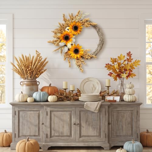 20 Inch Fall Sunflower Wreath with White Pumpkin and Berries for Front Door