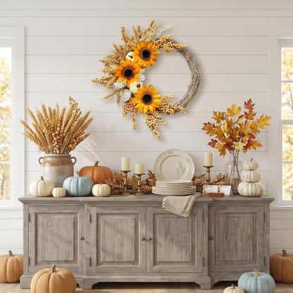 20 Inch Fall Sunflower Wreath with White Pumpkin and Berries for Front Door