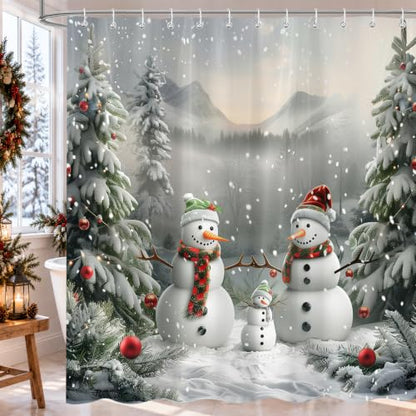 Winter Snowman Shower Curtain - 72x72 Inch Holiday Bathroom Decor with 12 Hooks - Snowman Design, Waterproof Polyester