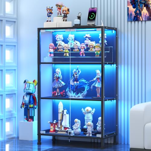 3-Tier Glass Display Cabinet with RGB Lighting and Lockable Doors