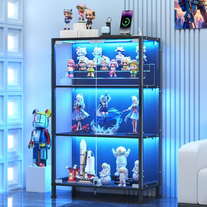 3-Tier Glass Display Cabinet with RGB Lighting and Lockable Doors