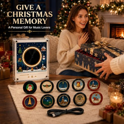 Black Christmas Mini Vinyl Record Player with NFC Discs & LED Glow - Magnetic Fridge Music Box