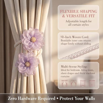 Green Lily Flower Curtain Tiebacks - Flexible Rope Holdbacks for Windows