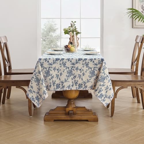 Blue Floral Cotton Linen Rectangle Tablecloth 55x120 Inches - Rustic Decor