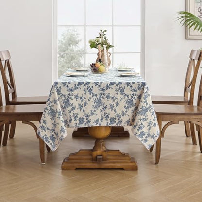 Blue Floral Cotton Linen Rectangle Tablecloth 55x120 Inches - Rustic Decor