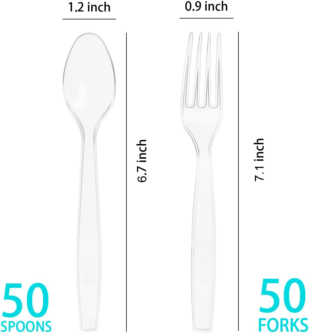 MOACOCK Heavyweight Plastic Silverware Set - 100 Count Disposable Forks & Spoons for Weddings & Parties